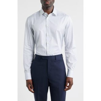 Canali Regular Fit Stripe Non-Iron Cotton Dress Shirt in Light Green at Nordstrom, Size 15.5R