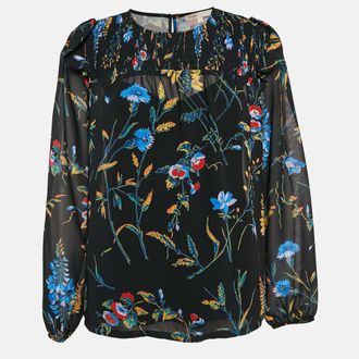 Maje Black Floral Print Crepe Smocked Top
