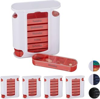 Relaxdays Set of 5 Relaxdays 7-Day Pill Tower, Weekly Medicine Boxes, 4 Compartments, Sliding Lids, Red/White