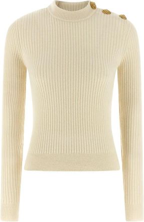 Balmain Geribbelde Trui - Dames - Ronde hals truien - Wit - 2XS - Wol - Truien & Vesten