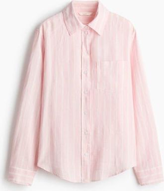 H&M Linen-blend Shirt in Light Pink/striped at Nordstrom, Size Xx-Small