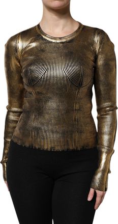 Dolce & Gabbana Womens Gold Round Neck Long Sleeve Pullover Top Viscose Polyester