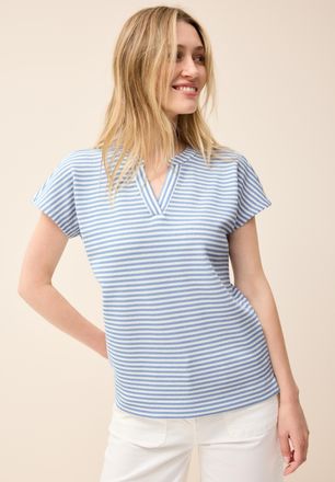 Cecil V-Shirt CECIL, Damen, Gr. XL (44), blau (deep pastel blau), Feinstrick, Obermaterial: 42% Baumwolle, 42% Polyester, 14% Viskose, 2% Elasthan, gestreif