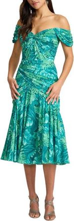 Tadashi Shoji Floral Off the Shoulder Cocktail Midi Dress in Emerald Green/Multi at Nordstrom, Size 16