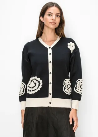 YAL New York Black Button Front Cardigan with Cream Placket