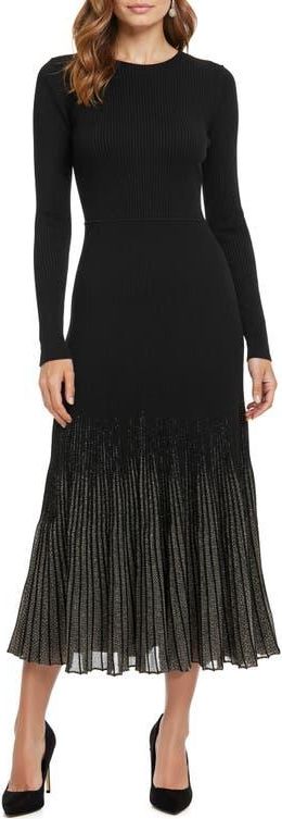 Shimmer Pleat Long Sleeve Maxi Sweater Dress in Black Gold at Nordstrom, Size X-Large