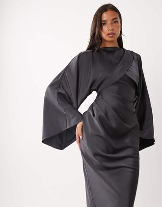 Asos vestito maxi in satin con drappeggio, maniche lunghe, incrocio sul davanti e collo alto, navy-blu navy
