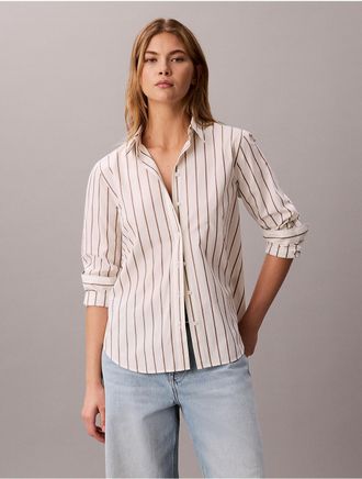 Calvin Klein Jeans Calvin Klein Womens Yarn-Dyed Poplin Cotton Button-Down Shirt - Brown - XL
