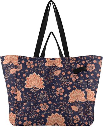 Generic Floral Flowers Black pattern Reusable Canvas Tote Bag, Heavy Duty Grocery Shopping Bag with Double Handles Large Capacity Hard Bottom Work Groceries T