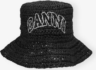 Ganni Summer Straw Hat in Black Paper Womens