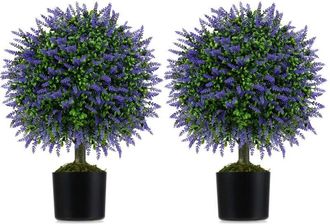 Costway Set di 2 Alberi di Topiario Artificiale con Lavanda, Albero di Bosso Finto da 58 cm con Vaso Riempito di Cemento, Pianta Finta Resistente al