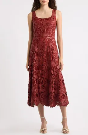 Elie Tahari The Chayanne Faux Leather Floral Lace Midi Dress in Toasted Saffron at Nordstrom, Size 10