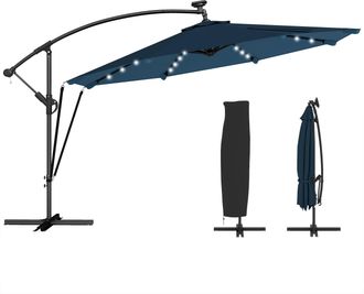OEM Parasol Exc&eacute;ntrico Con Luces Led Solares &Oslash;345 Cm Sombrilla Jard&iacute;n De Aluminio Con Base Cruzada Manivela Funda Azul
