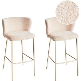 Beliani Set di 2 sedie da bar moderne in boucl&eacute; beige chiaro Schienale curvo Gambe nere Mina