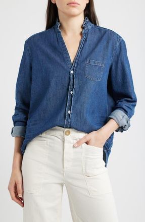 Frank & Eileen Ruffle Collar Relaxed Button Up Shirt in Dark Vintage Wash at Nordstrom, Size Xx-Small
