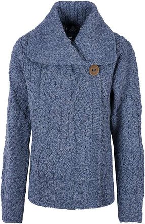 Carraig Donn 100% Irish Merino Wool Ladies Aran One Button Collar Cardigan Denim Blue (Large)