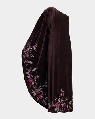 Mac Duggal One-Shoulder Sequin Floral Velvet Gown