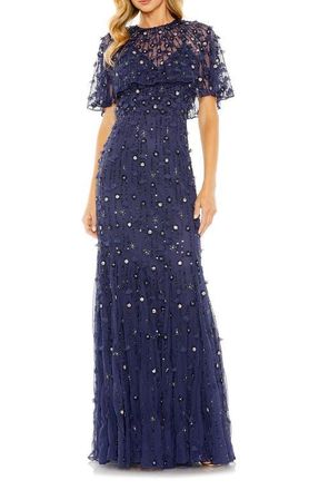 Mac Duggal Womens Embellished Illusion Cape Sleeve Trumpet Gown in Midnight at Nordstrom, Size 12
