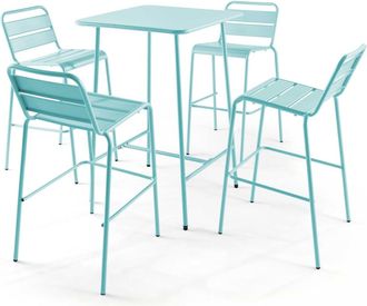 Oviala Mesa de bar y 4 taburetes altos de metal turquesa