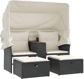 vidaXL Vidaxl - Sof&aacute; De Jard&iacute;n 2 Plazas Con Toldo Y Taburetes Rat&aacute;n Pe Negro