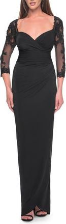 La Femme Long Jersey Evening Dress with Lace Sleeves in Black at Nordstrom, Size 20