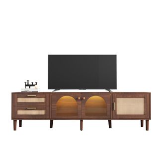 STILVORA Mueble Tv Con 3 Puertas, 2 Cajones De Rat&aacute;n Y Led, Puertas De Cristal, Estilo Natural, 180&times;40&times;50 Cm, Aglomerado, Marr&oacute;n