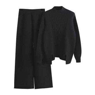 Generic Women Autumn and Winter Fashion Temperament Loose Casual Top and Wide Leg Pants Knitted Sweater Two Piece Suit Girl Black