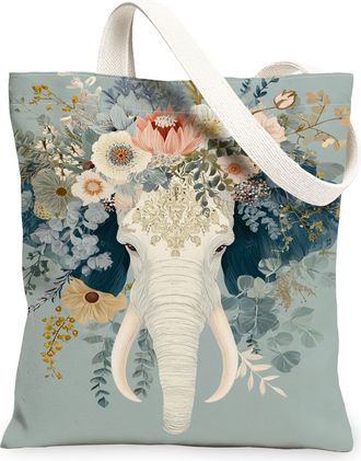 Generic Floral Elephant Canvas Tote Bags, Animal Plant Pattern Reusable Grocery Bags, Spring Vintage Lightweight Washable Shoulder, Blue, 13x15 Inch