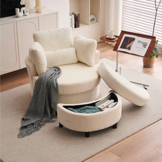 Direct Wicker Chenille Swivel Armchair with Cushion Pillow Ottoman Crescent Stool in Ivory | Size: 1 Pack