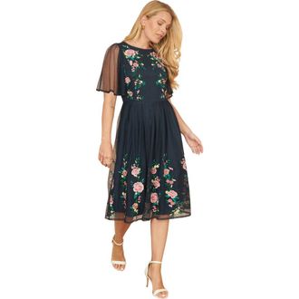 Yumi Embroidered Mesh Sleeve Prom Dress in Navy at Nordstrom, Size 10