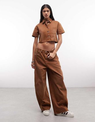 Liquor & Poker Jeans ampi color cioccolato slavato in coordinato-Marrone