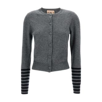 Plan C Cardigans, female, Gray, Size: XS Crewneck Wool Cardigan