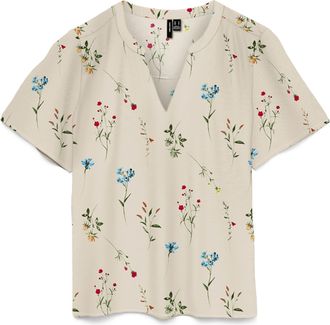 Vero Moda Shirtbluse VERO MODA VMJOSIE SS V-NECK GATHERING TOP WVN GA, Damen, Gr. XS, birch aop:bina, Web, Obermaterial: 83% Viskose, 17% Nylon, bedruckt, regul