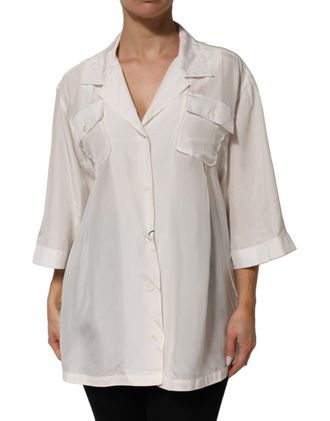 Dolce & Gabbana Womens White Silk Collared 3-4 Sleeves Blouse Top