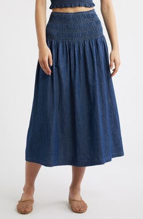 Madewell Smocked Waist Denim Midi Skirt in Dark Cove Wash at Nordstrom, Size Xx-Large