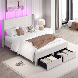 Costway Costway King Size Bed Frame w/LED Lights Dutch Velvet Upholstered Platform Bed in Beige