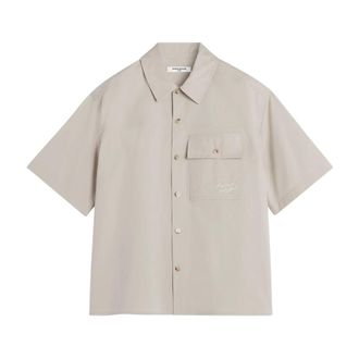 Maison Kitsun&eacute; Katoenen Overhemd met Korte Mouwen en Zak - Heren - Korte mouwen Overhemden - Grijs - L - Katoen - Overhemden