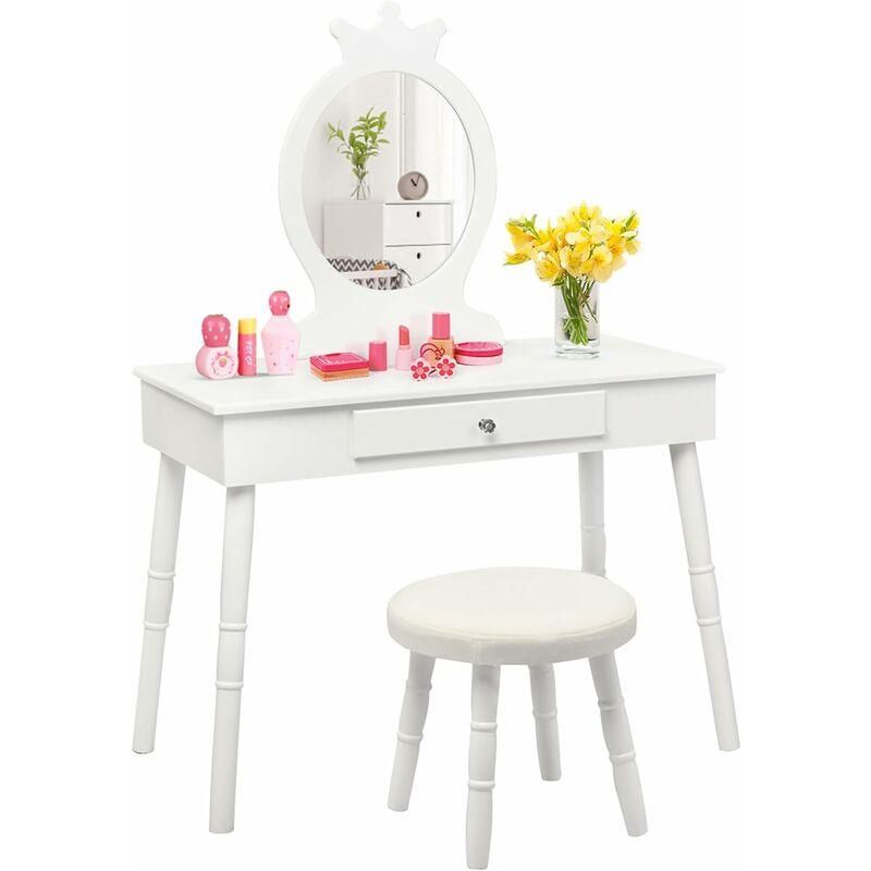 Scrivania per Trucco con Specchio e luci, Set da Tavolo per Trucco con 4 cassetti portaoggetti, toeletta Moderna con Sgabello Imbottito per Camera da