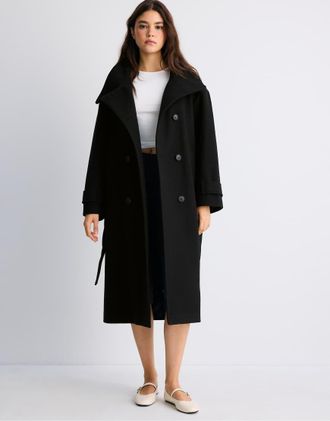 Stradivarius cappotto lungo morbido al tatto con collo alto nero