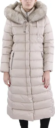 Elie Tahari Womens Phoebe Oversized Faux Fur Trim Maxi Coat, Pale Oak