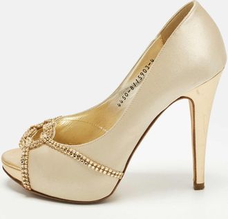 Gina Size 37 Gold Leather And Satin Crystal Embellished Platform Pumps
