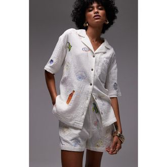 Topshop Resort Embroidered Cotton Camp Shirt in White at Nordstrom Rack, Size Medium