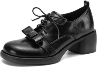 Generic Womens Bow Accent Oxfords Round Toe Lace-Up Block Heels Thick Sole Multi Color Options Adjustable Laces Pull Tab Smooth Upper Comfortable Shoes,Black,