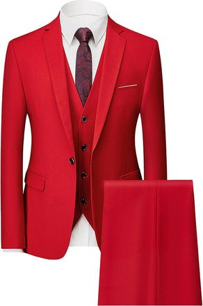 Generic Blazer for Men One Button 3 Piece Blazer Dress Prom Tuxedo Set Business Wedding Jacket Vest Pants Red 3X-Large