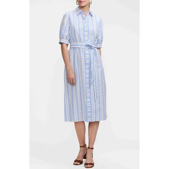 Foxcroft Esther Tie Waist Midi Shirtdress in Blue/Multi at Nordstrom, Size X-Small