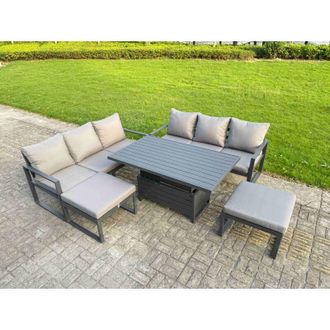 Fimous Fimous 5 Pieces Garden Furniture Set Aluminium Adjustable Rising Lifting Dining Table and Sofa Set with 2 Small Footstools Dark Grey