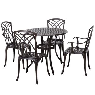 OUTSUNNY Patio Cast Aluminium 5 PCS Brown Dining Table & 4 Chairs Set Outdoor Garden Furniture | TJ Hughes