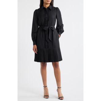 Eliza J Lace Detail Long Sleeve Pleated Shirtdress in Black at Nordstrom Rack, Size 12