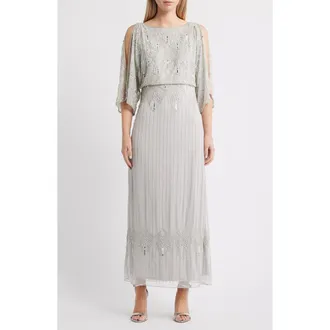 Pisarro Nights Beaded Cold Shoulder Blouson Cocktail Dress in Silver at Nordstrom, Size 16