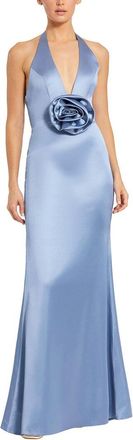 Mac Duggal Fitted Satin Sleeveless V Neck Gown With 3D Flower